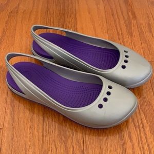 Purple and Silver Flat Crocs Size 9